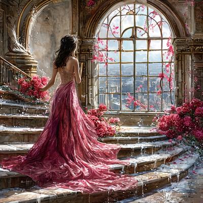 TEMU 5d Diy Diamond Painting Kit For Adults - Pink Long Dress , Round Acrylic Diamonds, Art Tools Included, Home Wall Decor And Craft Gifts Image