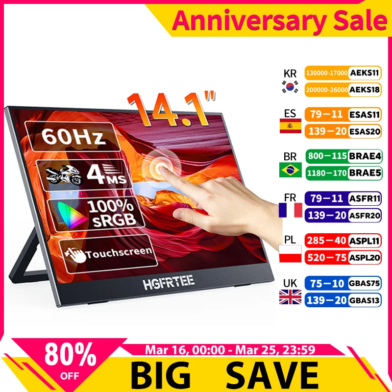 HGFRTEE Tragbarer Touch-Monitor 14,1 Zoll Ultradünner tragbarer Touch-Laptop-Monitor für Laptops, PC, Mobiltelefon, Xbox PS4/5 Image