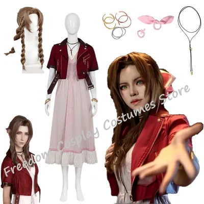 Fantasy VII Cosplay Spiel FF7 Aerith Gainsborough Cosplay Kostüm Aerith Mantel und Kleid Komplettset Halloween Party Outfits Image