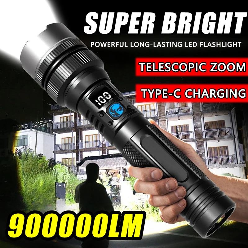 900000 LM Leistungsstarke LED-Taschenlampe, Zoom-Taschenlampe mit Digitalanzeige, tragbare wiederaufladbare Typ-C-Taschenlampen für Camping, Wandern Image