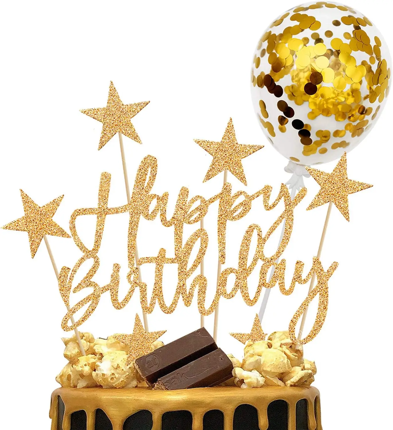 2PCS Gold Kuchen Dekoration Konfetti Ballon Kuchen Topper Gold Alles Gute zum Geburtstag Kuchen Topper Sterne Herz Cupcake Topper Image