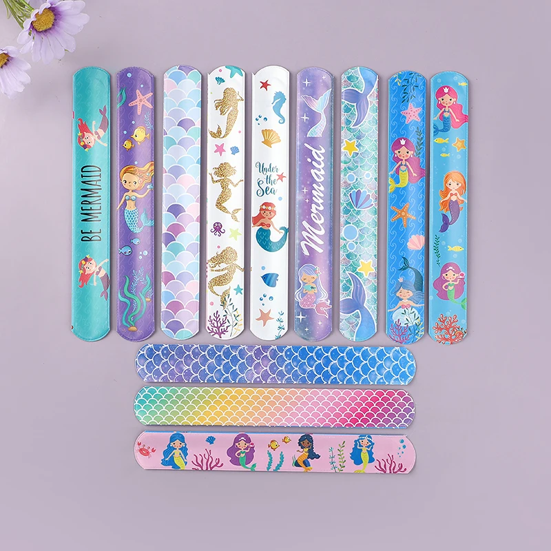 12 stücke Meerjungfrau Thema Slap Kreis Spielzeug Slap Pop Kreis Armband Mädchen Geburtstag Party Geschenk Dekor Kleine Meerjungfrau Party Gefälligkeiten Image