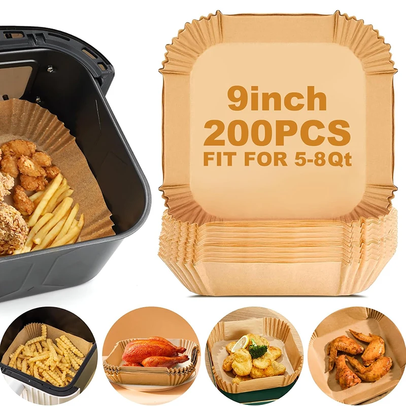 50–300 Stück große Heißluftfritteusen-Papiereinlagen, 23 cm, quadratisch, Airfryer, Einweg-Spezialpapierschalen für Pergamentpapier, 9-Zoll-Ofen-Backformen Image
