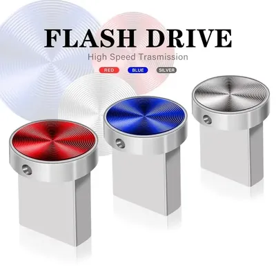 Mini-USB-Flash-Laufwerke mit Metallknopf, 64 GB, 32 GB, 128 GB, blauer Memory-Stick, roter externer Speicher, kreatives Geschenk, Stift-Laufwerk, silberner Pendrive Image