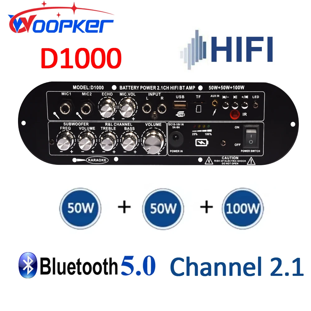 Woopker Leistungsverstärkerplatine D1000 200 W Bluetooth 5.0 Digitaler Audioverstärker Subwoofer 2.1 Kanal Dual-Mikrofon Karaoke Image