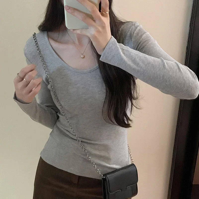Frauen Casual Langarm T Shirt Frühling Herbst Kleidung Solide Schlank Pullover T-shirts Weibliche Streetwear Basic Tees O Neck Tops Image