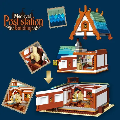 MOC Medieval Manor Haus & Post Station Gebäude Set Architektur Modell DIY Micro Ziegel Spielzeug Image