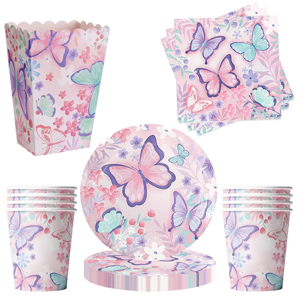Schmetterling Geburtstag Party Supplies Einweg Pappteller Servietten Tassen Popcorn Box für Schmetterling Mädchen Party Geburtstag Dekorationen Image