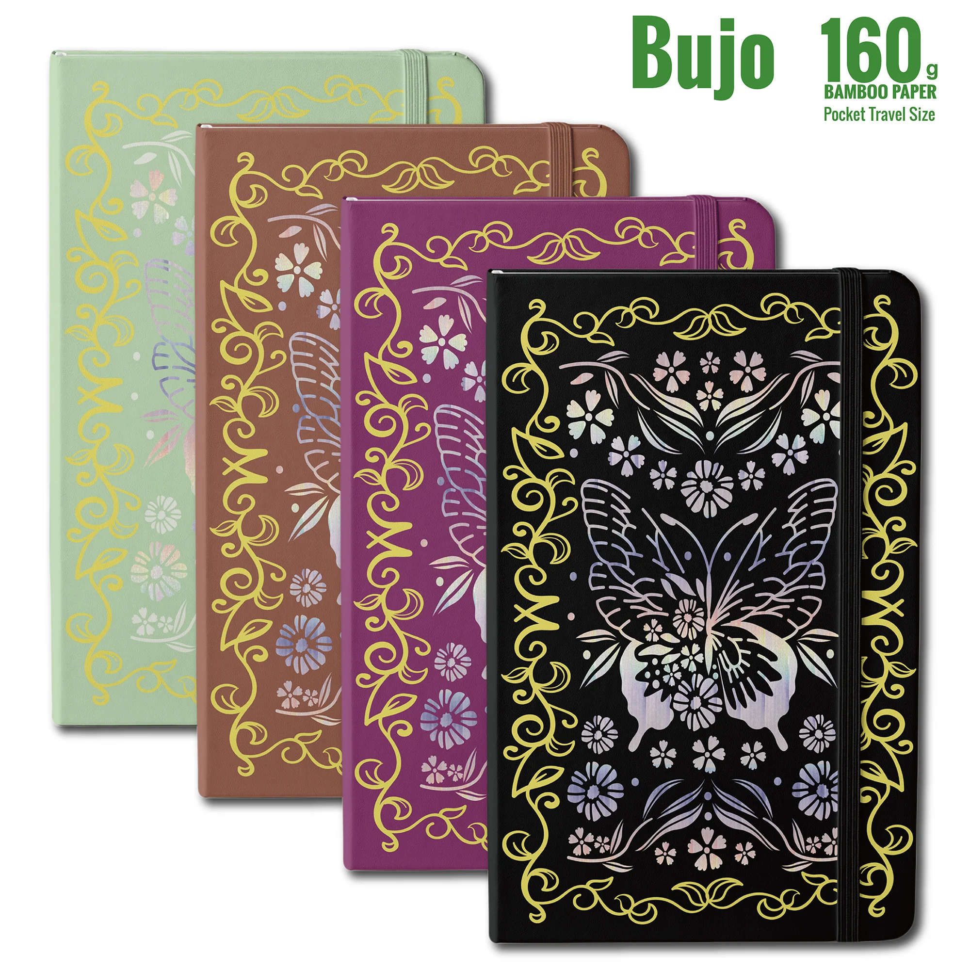 BUJO A5 Bullet Dotted Journal im Taschenformat, Laser-Silber-Schmetterlings- und Goldblütenrahmen, 160 g/m2 Bambuspapier, 112 Seiten Image