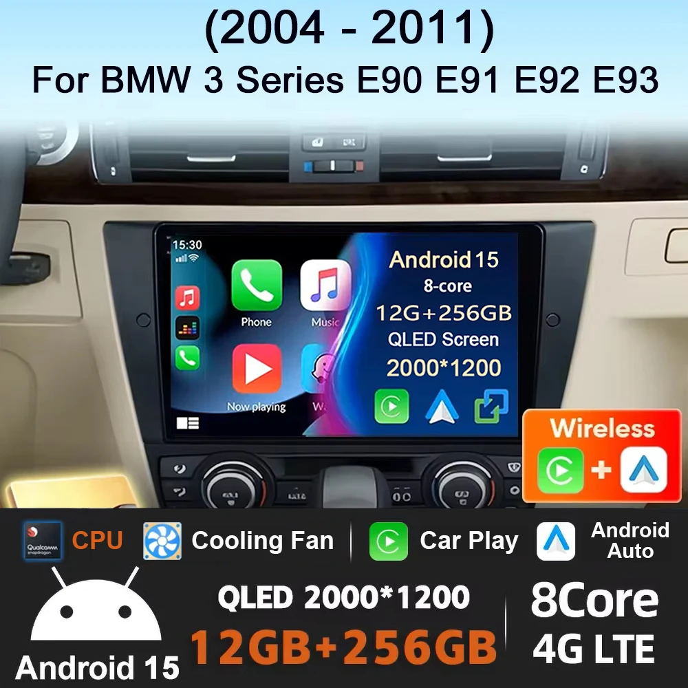 Autoradio Android 15 pour BMW E90 E91 E92 E93 série 3 sans fil Carplay Auto multimédia stéréo lecteur vidéo unité principale GPS Navi BT