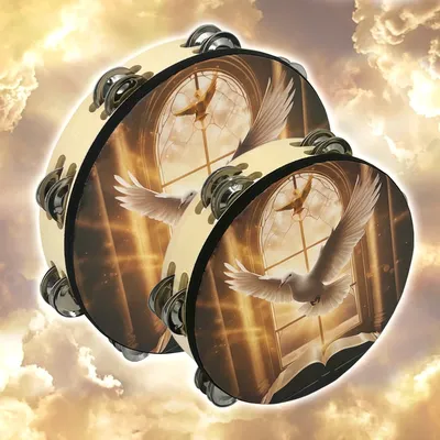 8/10-inch Wooden Tambourine Double Layer Hand Clap Bell Drum Church Peace Dove Pattern Shake