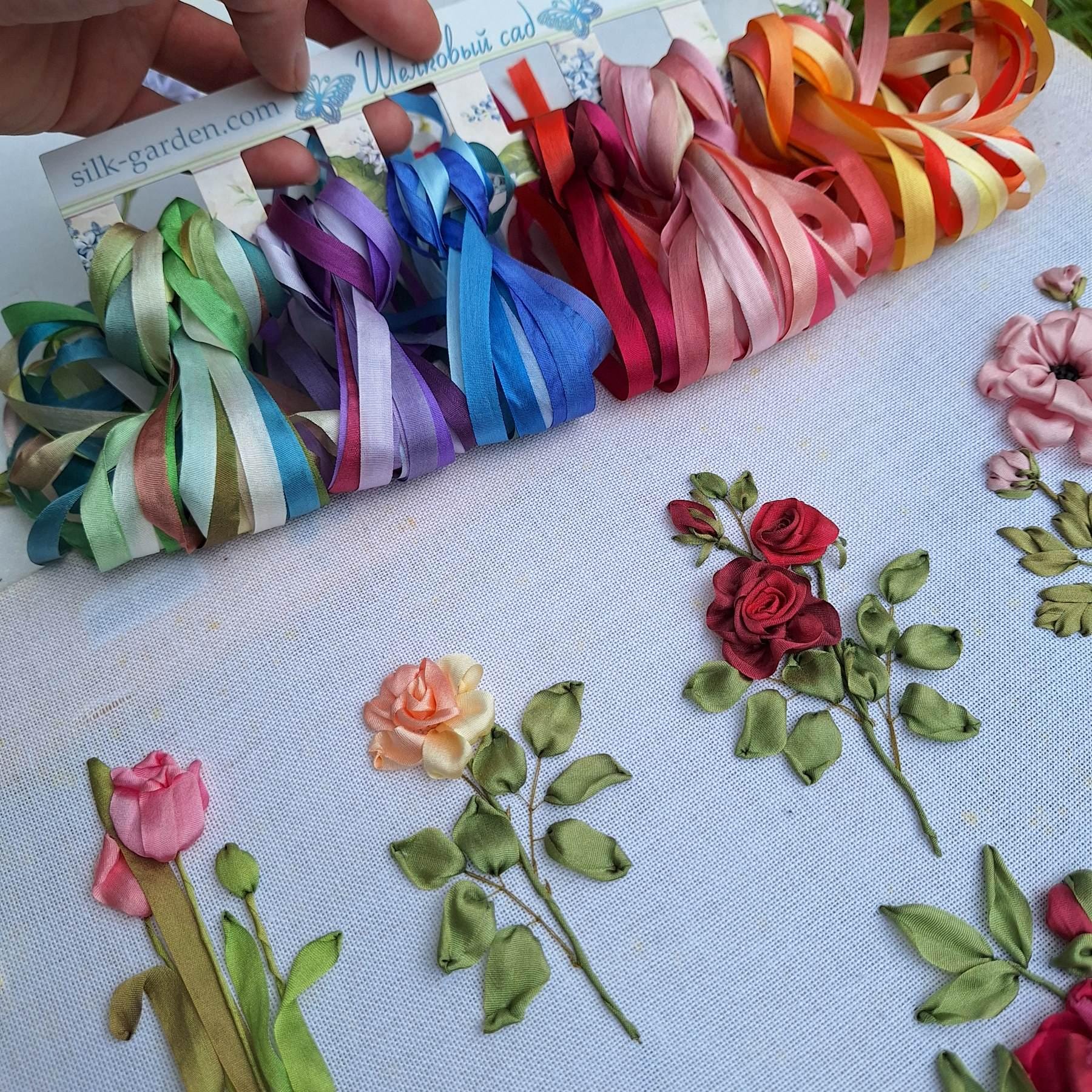 Nastro di seta da 7 mm, 40 metri variegato + 3 metri bianco, 100% pura seta, ricamo a nastro, ricamo a mano