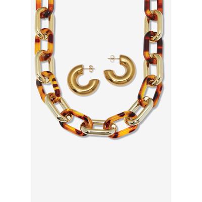 Women's Acrylic Link Necklace Black and Gold Ion-Plated Stainless Steel Earrings Set by PalmBeach Jewelry in Gold Tortoiseshell