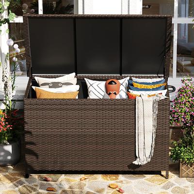 150 Gallon Large Deck Box, Built-In Handles Patio Storage Box for Storage With 2 Wheels & Metal Support Frame