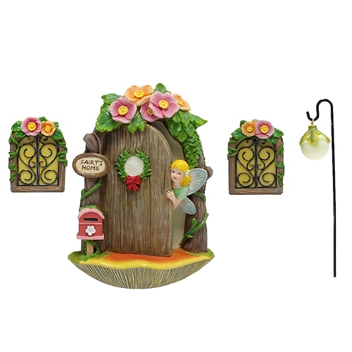 Porte et fenêtres de fée pour arbre, 4 pièces, accessoires miniatures de jardin de fées phosphorescents pour décoration de souche d