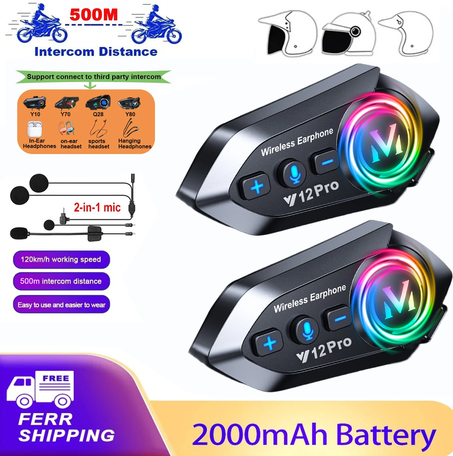 2 stücke Kebidumei Y12 Pro Motorrad Helm Intercom Bluetooth Headset 500M Drahtlose Intercomunicador Moto Walkie Talkie Image