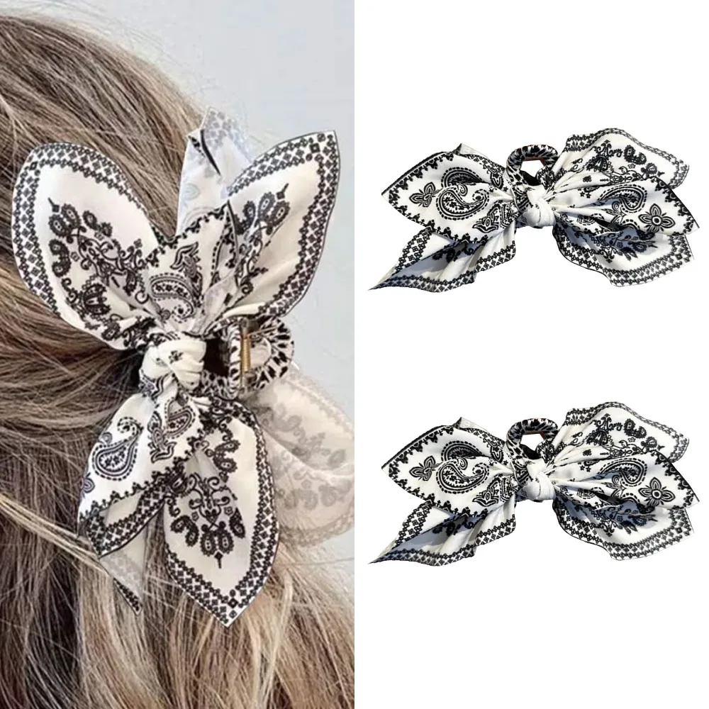 1pc Bohemian Solide Bogen Haar Clips Frauen Bogen Haar Klaue Shark Clip Große Größe Satin Boho Urlaub Headwear Frauen haar Zubehör Image