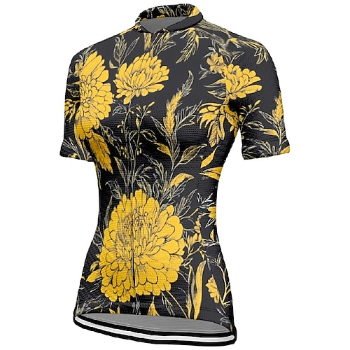 Damen Radtrikot Blume Kurzarm Fahhrad T-Shirt Trikot mit 3 Gesäßtaschen Mountainbike MTB Schnelltrocknend Anatomisches Design Feuchtigkeitsableitend Atmungsaktiv Sport Gelb Blau Bekleidung Image
