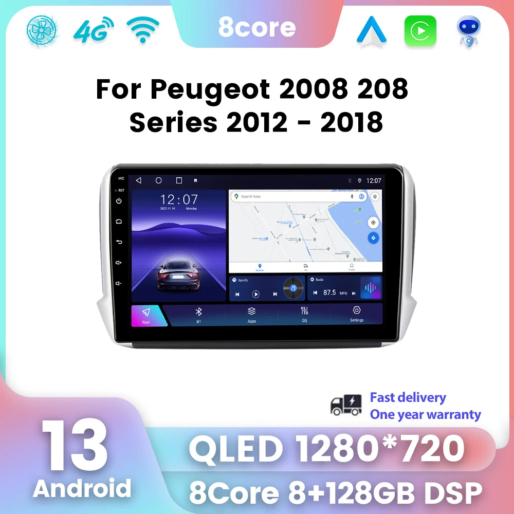 Autoradio für Peugeot 2008 208 2014-2018 Wireless Carplay Android Auto intelligente Systeme Autoraido Multimedia Video Player Auto GPS Multimedia Radio, 8-Kern DSP ohne DVD Player, 2Din Stereo Image