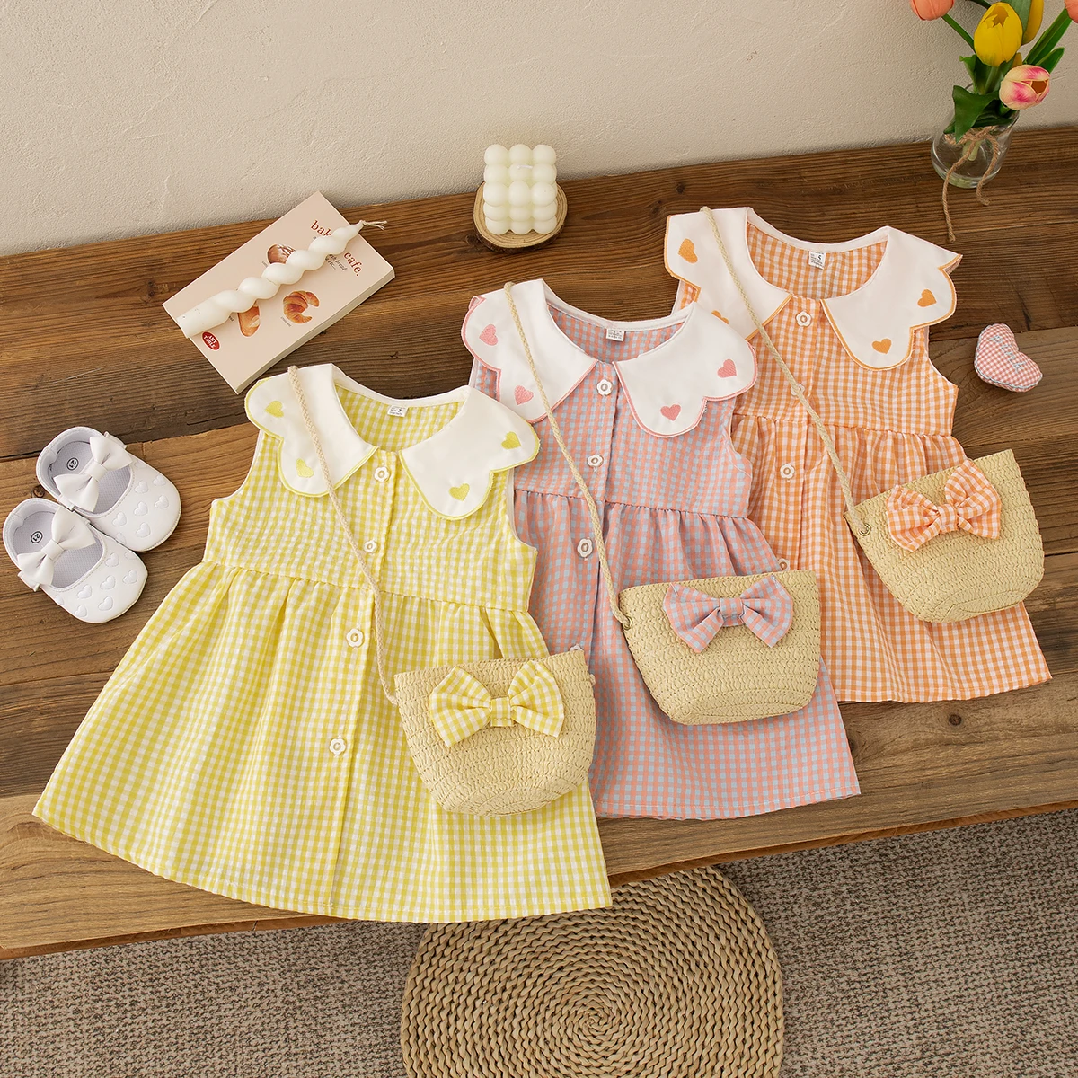 Baby Mädchen Kleid Sommer Liebe Und Plaid Muster Puppe Kragen Ärmelloses Mädchen Kinder Kleid Nette Casual Mädchen Kleid Mit Tasche Image