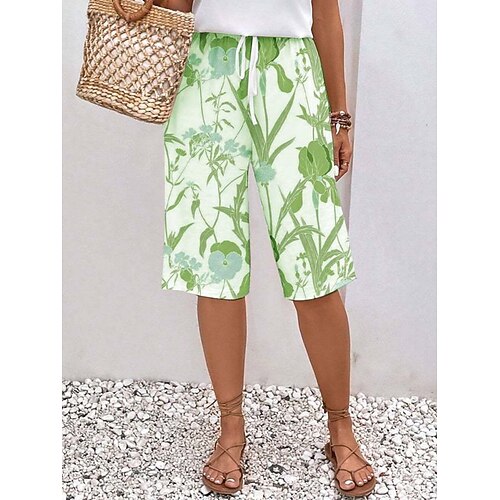 Damen Chinos Shorts Mode Streetwear Lässig Knielang Hohe Taille Blumen Kordelzug Bequem Weich Mikroelastisch Outdoor Urlaub Straße Apfel Grün Königliches Blau Blau Grün Sommer Normale Passform Image