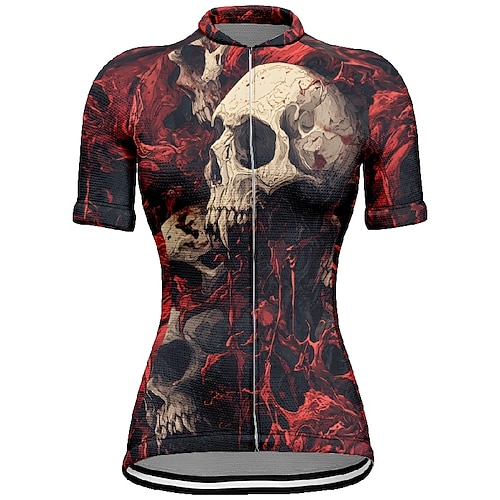 Damen Radtrikot Schädel Blume Kurzarm Fahhrad T-Shirt Trikot mit 3 Gesäßtaschen Mountainbike MTB Schnelltrocknend Anatomisches Design Feuchtigkeitsableitend Atmungsaktiv Sport Weinrot Schwarz Rot Image