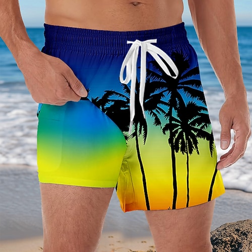 Herren Kokospalme Tropisch Farbverlauf Gefütterte Shorts 2 in 1 Badeshorts Badeshorts Mittlere Taille Hawaiianisch Urlaub Seitentaschen Mit Kompressionsfutter Elastischer Kordelzug in der Taille Image