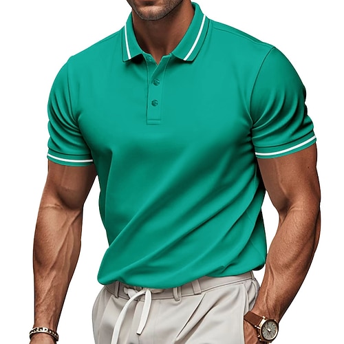 Herren Polo Golfshirt Geschäft Lässig Gerippter Polokragen Kurzarm Mode Basic Einfarbig Einfach Knöpfe Sommer Frühling Herbst Normale Passform Schwarz Weiß Rosa Rote Marineblau Königliches Blau Polo Image