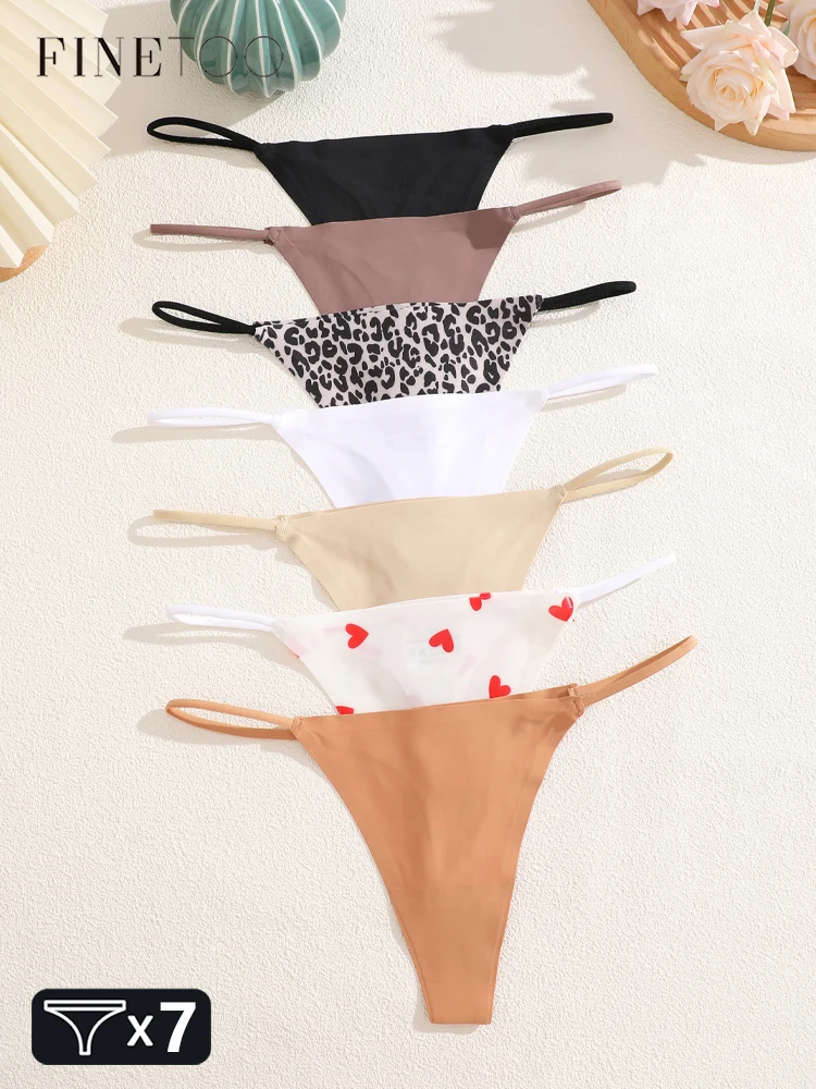 FINETOO 7 Stück nahtlos bedruckte und solide Tangas für Damen, sexy, weiche, atmungsaktive Unterwäsche, Eisseide, Leoparden-G-String, dehnbare Dessous Image