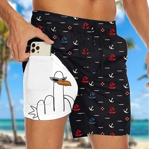 Herren Lustig Ente Segelboot Gefütterte Shorts 2 in 1 Badeshorts Badeshorts Mittlere Taille Hawaiianisch Urlaub Strandbekleidung Seitentaschen Mit Kompressionsfutter Elastischer Kordelzug in der Image