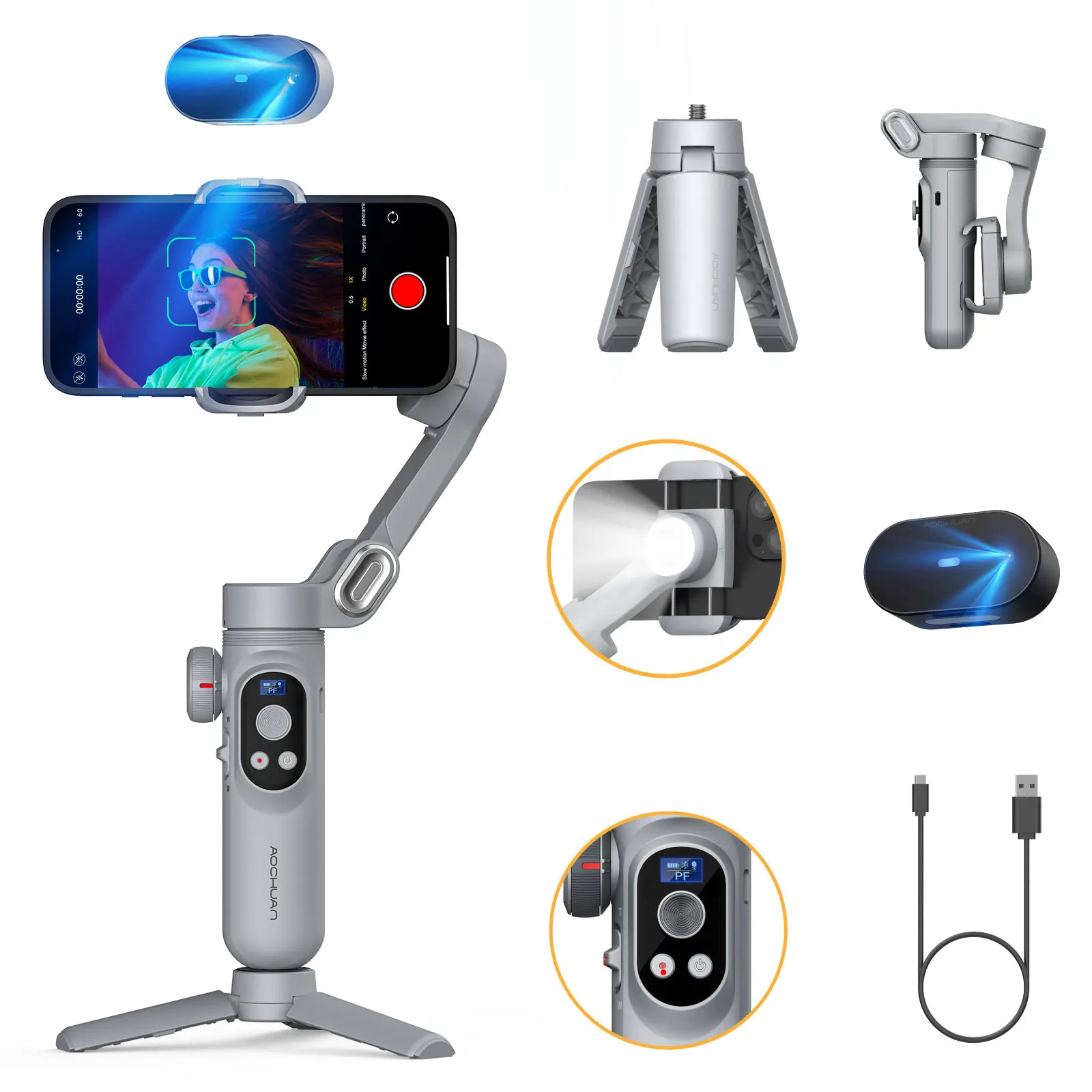 AOCHUAN Smart XPro Ai Grauer Gimbal-Stabilisator für iPhone und Android 3-Achsen-intelligenter Gimbal-Stabilisator Appless Face Tracking Image