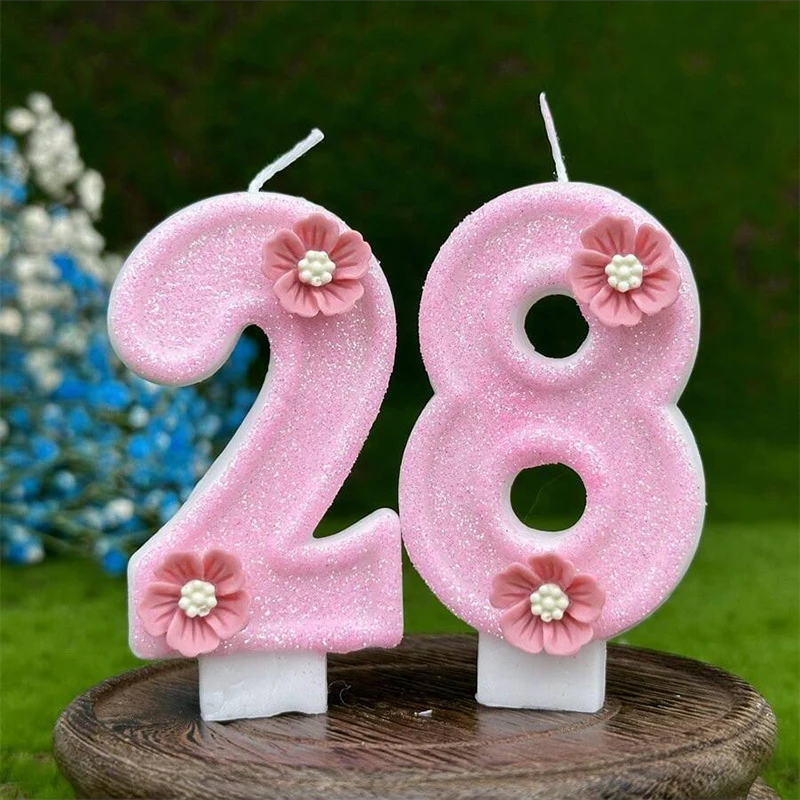 1 Stück Blumen Kuchen Kerze Rosa 0-9 Zahlen Kuchen Topper Mädchen Geburtstag Cupcake Topper Party Kuchen Dekoration Party liefert Image