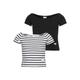 Carmenshirt KANGAROOS "2er Pack T-Shirts", Mädchen, Gr. 152/158, ringel, schwarz, Single Jersey, Obermaterial: 95% Baumwolle, 5% Elasthan, geringelt, modisch, eng taillenlang, Carmenausschnitt, Kurzarm Raglanärmel, Shirts, 1x uni + 1x geringelt