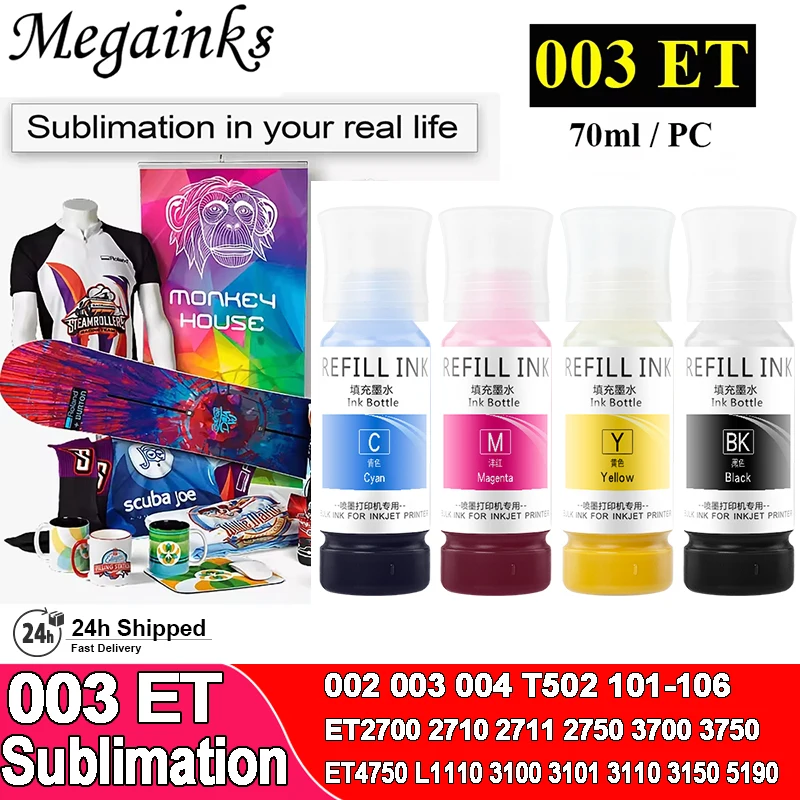 4PC Sublimation encre 70ml 003 pour Epson ET-2720 ET-2760 ET-4700 ET-4760 ET-1500 WF3620 WF3640 WF7610 WF7620 WF7710 WF7720 imprimante