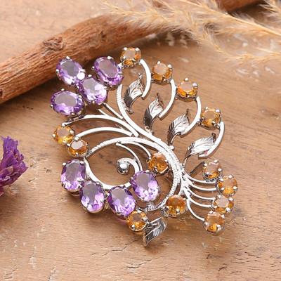 'Floral 11-Carat Amethyst Citrine Rhodium-Plated Brooch Pin'