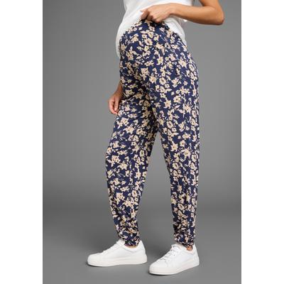 Umstandshose NEUN MONATE "Haremshose für Schwangerschaft und Stillzeit", Damen, Gr. 40/42, N-Gr, blau (marine geblümt), Jersey, Obermaterial: 95% Viskose, 5% Elasthan, bedruckt, geblümt, Basic, bequem lang, Hosen, in bequemer Passform und mit... Image