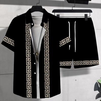 TEMU Men's Casual 3d Printed Shirt & Shorts Set - Polyester, Button-up, Non-transparent - Summer, Digital Printed, Sail Image