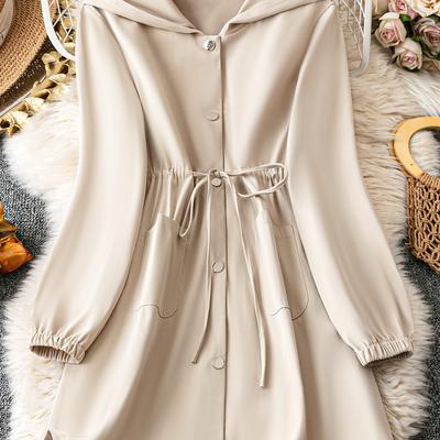 TEMU Chic Women's Hooded Waist-cinching Coat - Solid Color, Long Sleeve With Pockets, Button-up Front, Stylish Outerwear Image