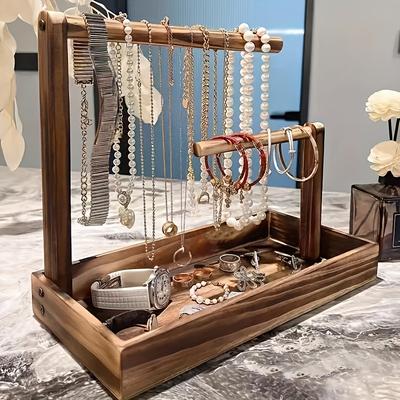 TEMU Wooden Jewelry Stand, Suitable For Necklaces And Earrings - Multi-tier Solid Wood Display Rack With Base Tray For Accessories, Jewelry Towers Image