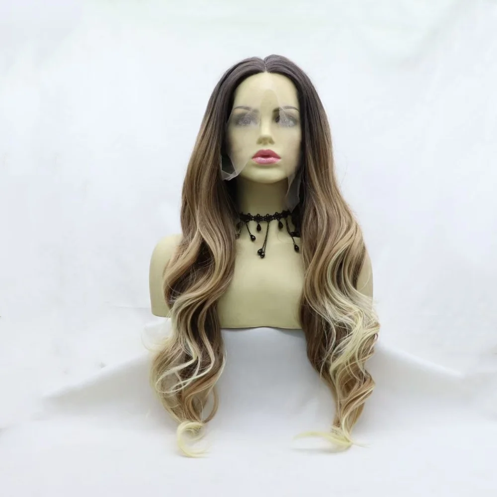 Synthetische braune/blonde Lace-Front-Perücken, lange gewellte Perücken, blonde Spitzen, Perücken, hitzebeständige Fasern, lange Perücken Image