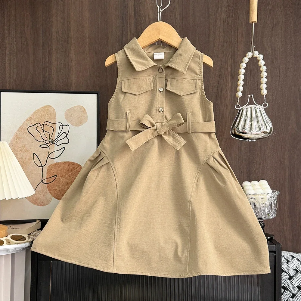 Koreanische Version Khaki Mädchen Casual Kleider Ärmel Flip Kragen Arbeitskleidung Kinder Kleid Sommer Neue Einfarbig kinder Kleidung Image