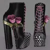 Schwarz Blume Lace Up Mittlere Waden Plattform Stiefel Chunky Ferse Sexy Mode Kühlen Winter Casual Große Größe Frau Schuhe Zapatillas Mujer