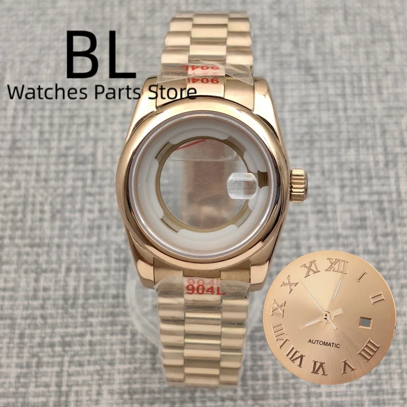 BLIGER 31mm NH05 Uhrengehäuse Silber Roségold Saphirglas mit Sunburst/Perlen Zifferblatt Zeigerset Gold Rose Index für Damenuhr Image