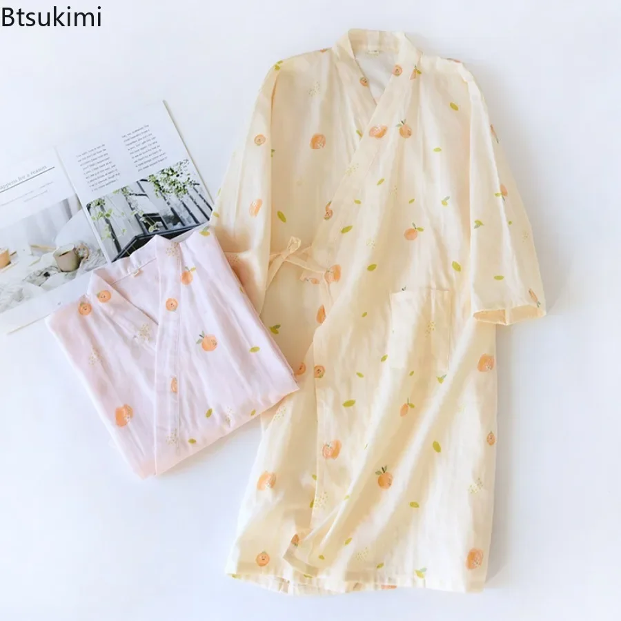 2026 Damen 100% Baumwoll-Gaze Pyjama-Roben Locker Lässiger Japanischer Stil Kimono Nachthemd V-Ausschnitt Einfache Schnürung Paar-Bademäntel Image
