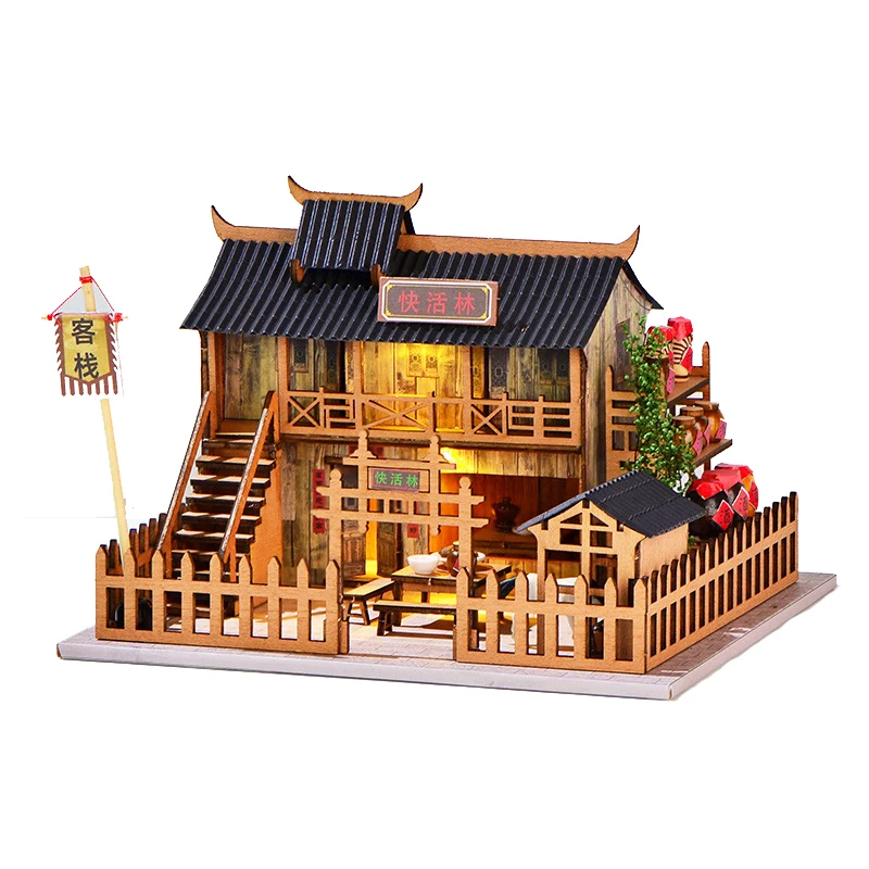 DIY hölzerne chinesische alte Herkunst-Puppenhäuser, Miniatur-Puppenhäuser mit Möbeln, Licht, Hotelhaus für Freunde, Geburtstagsgeschenke