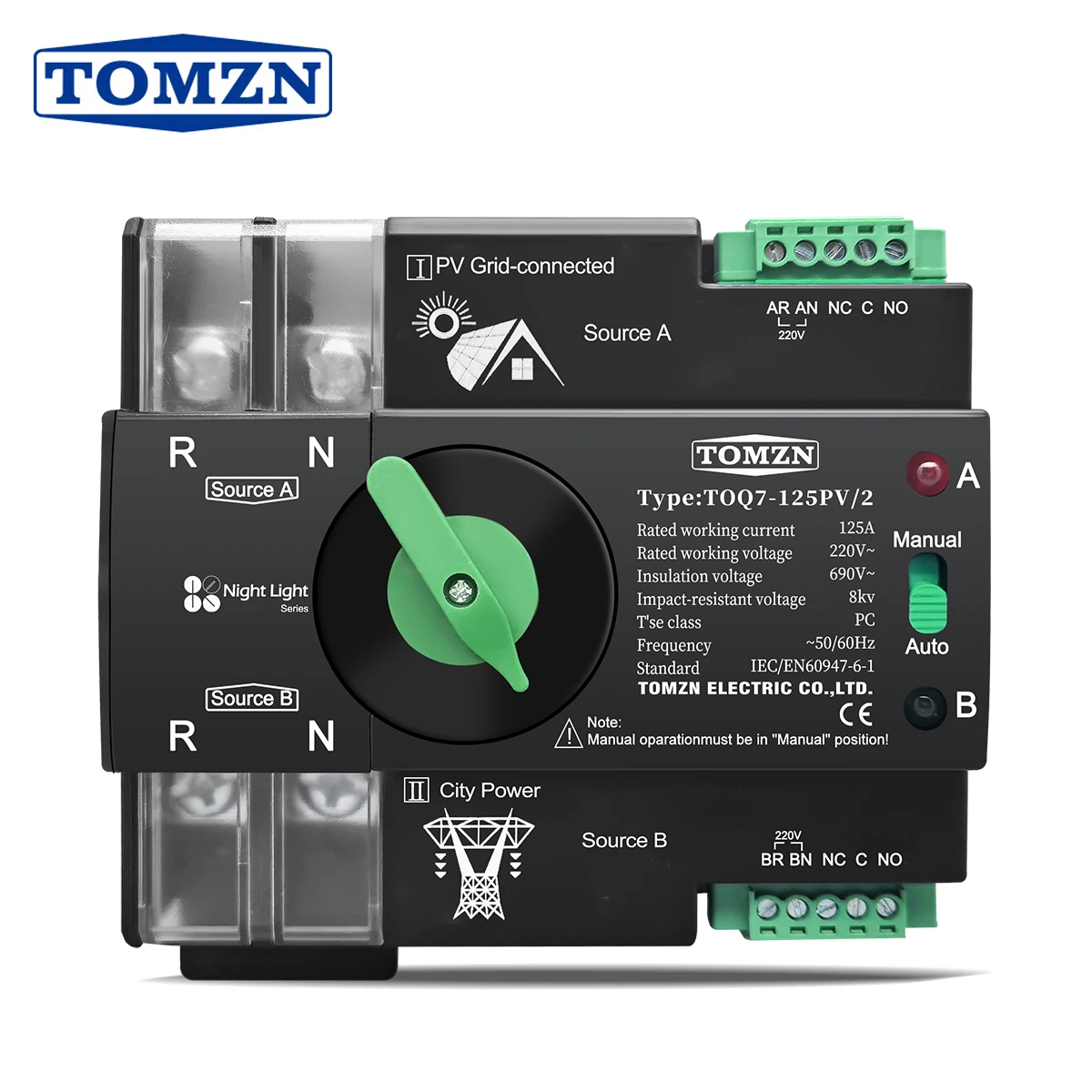 TOMZN 220V 230V Din-schiene ATS Dual Power Automatische Übertragung Elektrische Wahlschalter Unterbrechungsfreie 2P 63A 100A 125A TOQ7 PV Image