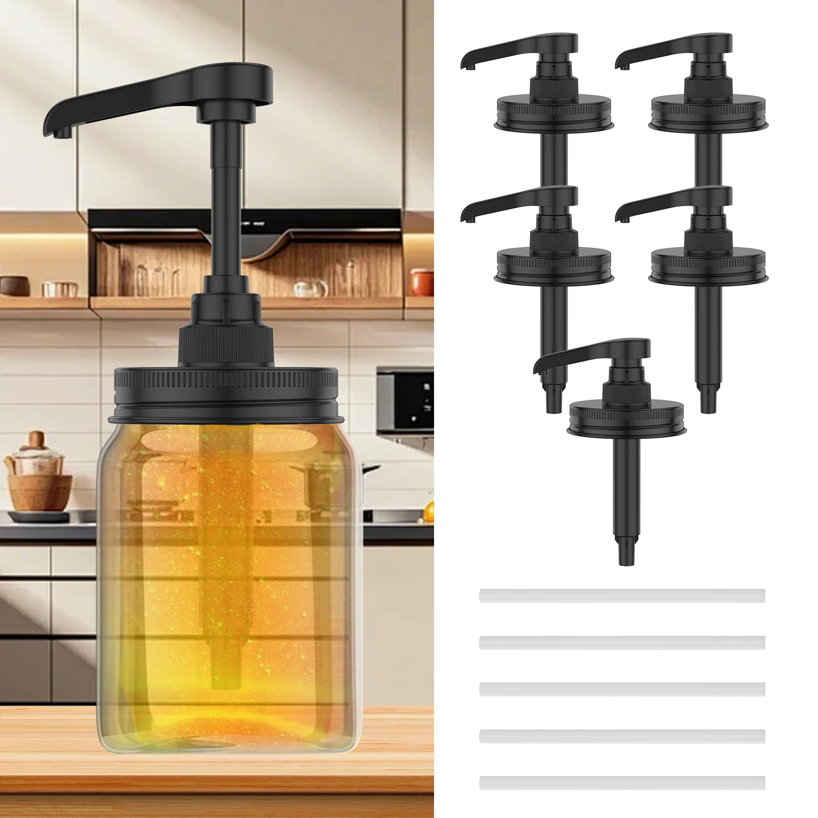 5 Stück Glasbehälter, Sirupspender, Pumpdeckel, Edelstahl, Honigsauce, Duschgel-Spender, Pumpdeckel für 16 Unzen, normale Öffnung Image