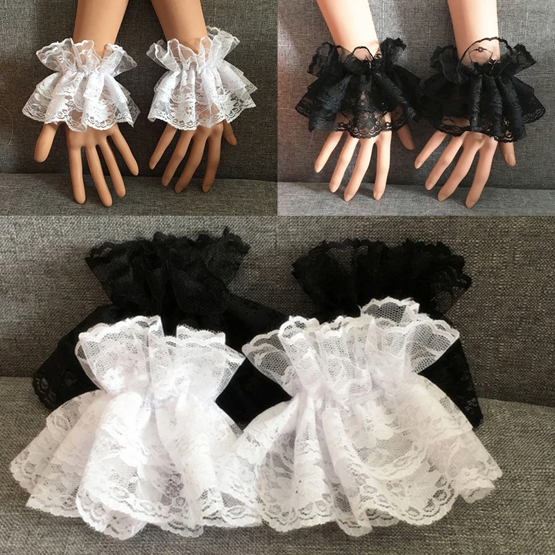 1 paar Lolita Hand Hülse Handgelenk Manschetten Rüschen Floral Schwarz Spitze Elastische Armband Elegante Frauen Mädchen Handgelenk Wärmer Handschuhe geschenk Image