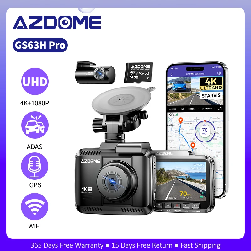 Caméra embarquée AZDOME 4K ADAS GS63H Pro avec GPS intégré, WiFi, enregistreur vidéo, vision nocturne WDR, surveillance de stationnement 24h/24, 1080P