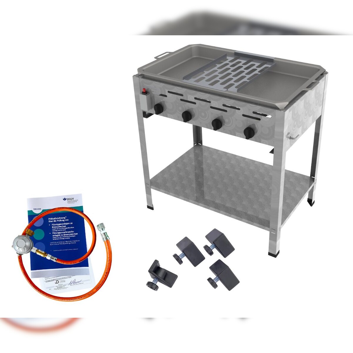 ChattenGlut Gasbräter 4-flammig 18kW Standgerät Stahlpfanne mit Reibekuchen Auflage mit DGUV Image